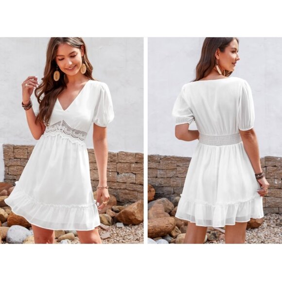 Cupshe Dresses & Skirts - NEW CUPSHE Royalty Bubble Sleeve Lace Trims Mini Dress Short White XL